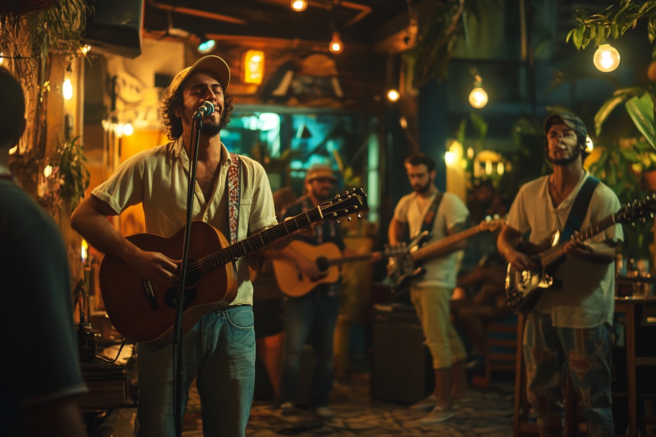 homem tocando violão em um bar rodeado de pessoas