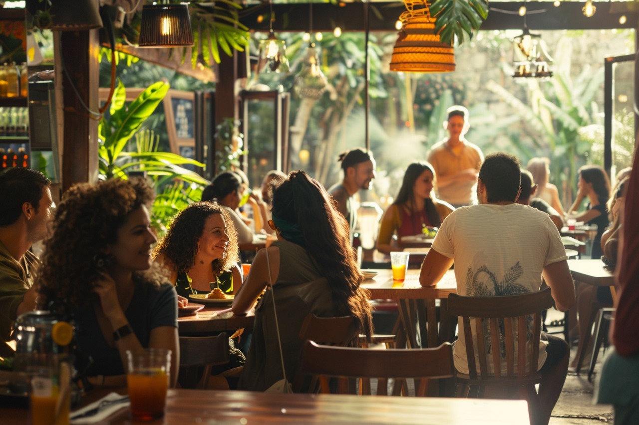 Pessoas conversando em um restaurante